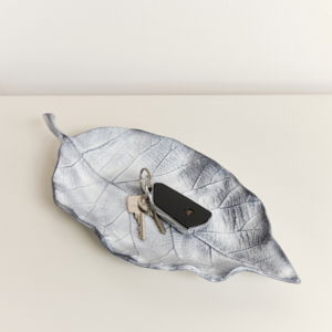 Large Antique Grey Bay Leaf Shaped Trinket Tray - 36cm Large Antique Grey Bay Leaf Shaped Trinket Tray - 36cm