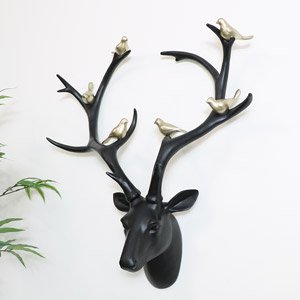 Large Black Stag Head with Gold Birds