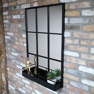 Large Black Window Wall Mirror With Shelf