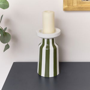 Large Dark Green Striped Pillar Candle Holder - 28cm        