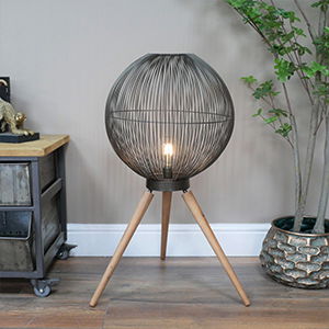 Large Round Black & Wooden Metal Wire Freestanding Lamp 65cm x 46cm
