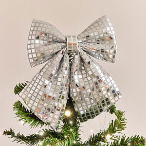 Large Silver Mirrored Disco Detailed Decorative Christmas Bow - 24cm Large Silver Mirrored Disco Detailed Decorative Christmas Bow - 24cm