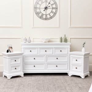 Large White 7 Drawer Chest of Drawers & Pair of Bedside Tables - Daventry White Range