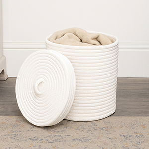 Medium White Cotton Rope Lidded Storage Basket - 27.5cm
