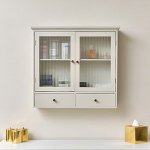 Pale Taupe Reeded Glass Wall Cabinet with Drawers