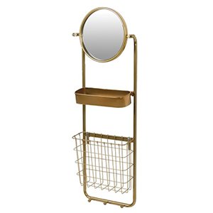 Round Gold Wall Mirror with Shelf and Wire Basket Storage