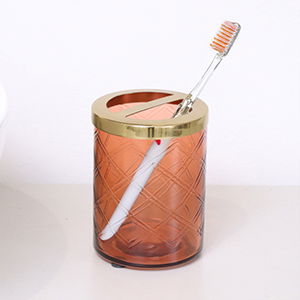 Rust Orange Patterned Glass Toothbrush Holder with Gold Rim 