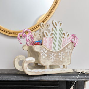 Rustic Wooden Green & Pink Christmas Sleigh Ornament