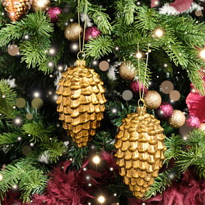 Set of 2 Gold Glitter Pine Cone Hanging Decoration 12cm