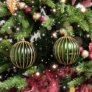 Set of 2 Green Glitter Striped Reeded Hanging Bauble Decoration - 8cm Set of 2 Green Glitter Striped Reeded Hanging Bauble Decoration - 8cm