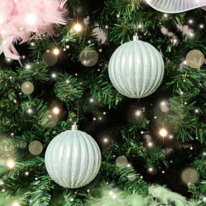 Set of 2 Icy Blue Glitter Striped Reeded Hanging Baubles - 8cm