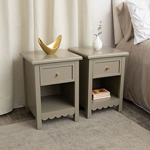 Set Of 2 One Drawer Scalloped Bedside Tables - Staunton Taupe Range  Set Of 2 One Drawer Scalloped Bedside Tables - Staunton Taupe Range