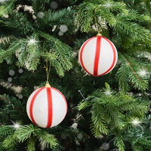 Set of 2 Red & White Striped Christmas Tree Baubles - 10cm