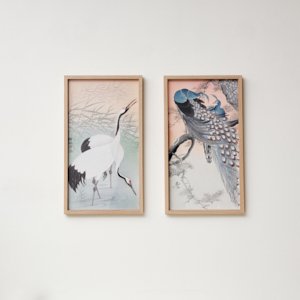 Set of 2 Wooden Framed Crane & Peacock Bird Wall Prints