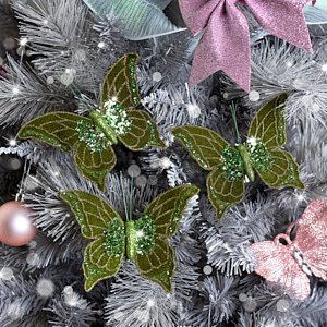 Set of 3 Green Glitter Sequined Butterfly Clip Christmas Decorations - 10cm