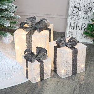 Set Of 3 Grey & White LED Christmas Gifts - 25cm
