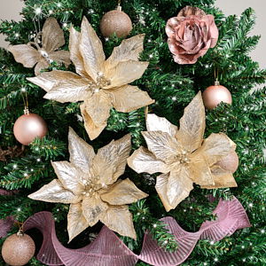 Set of 3 Metallic Champagne Gold Poinsettias Clip Christmas Decorations - 20cm