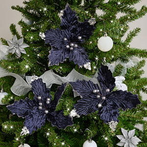 Set of 3 Navy Blue Poinsettias Clip Christmas Decorations - 25cm