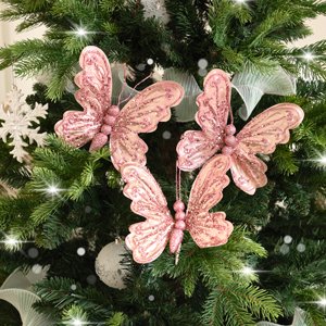 Set of 3 Pink Glitter Butterfly Clip Decorations - 17cm