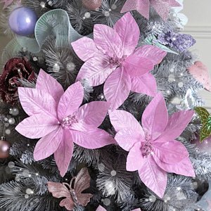 Set of 3 Pink Glitter Poinsettia Christmas Decorations - 24cm
