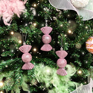 Set of 3 Pink Glitter Sweet Shaped Bauble Decorations - 11cm