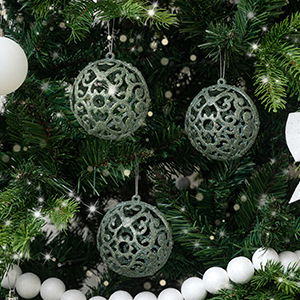 Set of 3 Round Ornate Sage Green Glitter Baubles