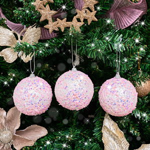 Set of 3 Round Pink & Multicoloured Butterfly Sparkle Christmas Baubles - 8cm 