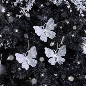 Set of 3 Silver Glitter Jewelled Butterfly Christmas Decorations - 10cm