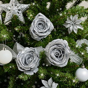 Set of 3 Silver Glitter Rose Pick Decorations