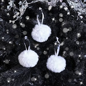 Set of 3 White Fur Christmas Baubles - 8cm
