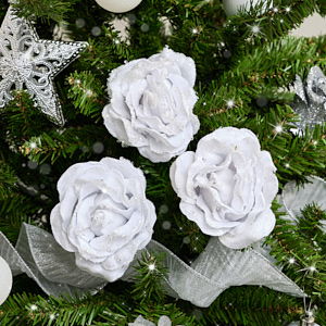 Set of 3 White Velvet Glitter Rose Clip Christmas Decoration - 10cm