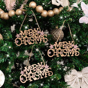 Set of 3 Wooden Pink Glitter Merry Christmas Decorations