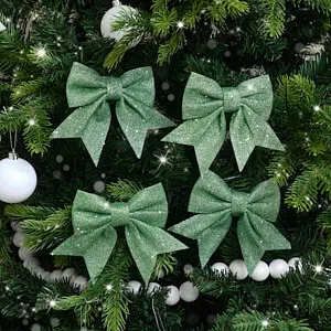 Set of 4 Sage Green Glitter Christmas Bows