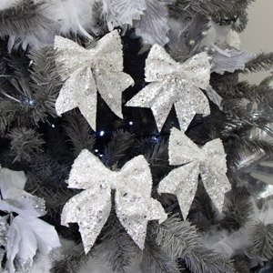 Set Of 4 White Frosted Bows