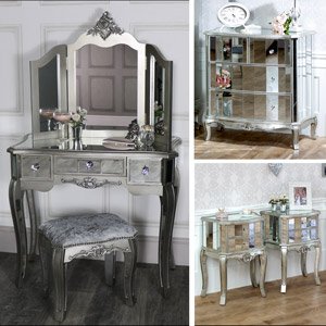 Silver Mirrored Bedroom Furniture, Chest of Drawers, Dressing Table Set & Bedside Tables - Tiffany Range