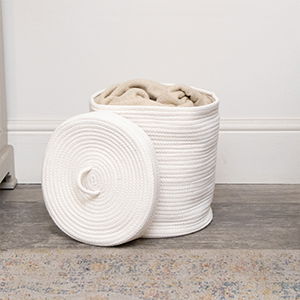 Small White Cotton Rope Lidded Storage Basket - 24cm
