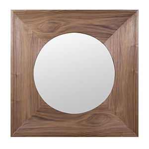Walnut Wooden Square Framed Round Wall Mirror - 115cm