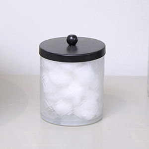 White Patterned Glass Bathroom Canister with Black Lid